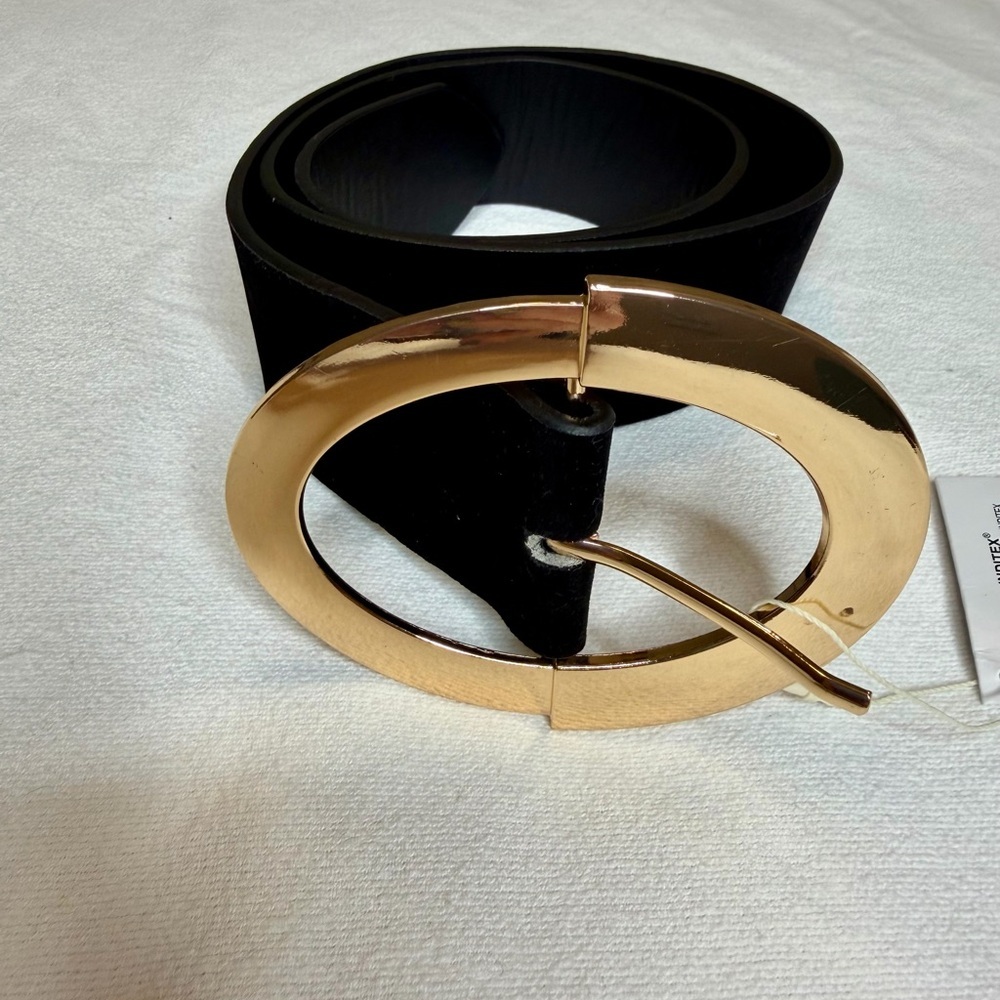 ZARA Black Suede Waist Belt Gold Oval Buckle Wide‎ Statement Belt - Picture 10 of 11
